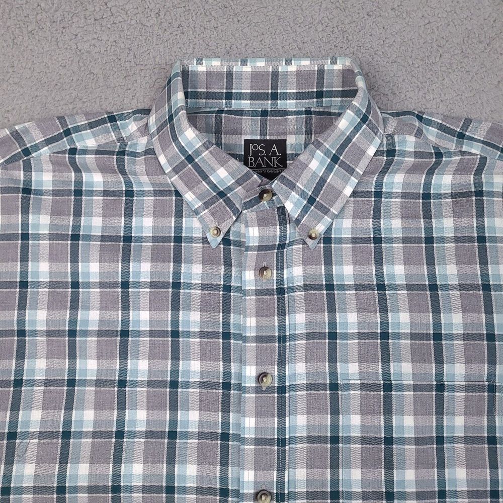 Jos A Bank Shirt Mens XL Gray Green Plaid‎ Button Down Travelers Collection